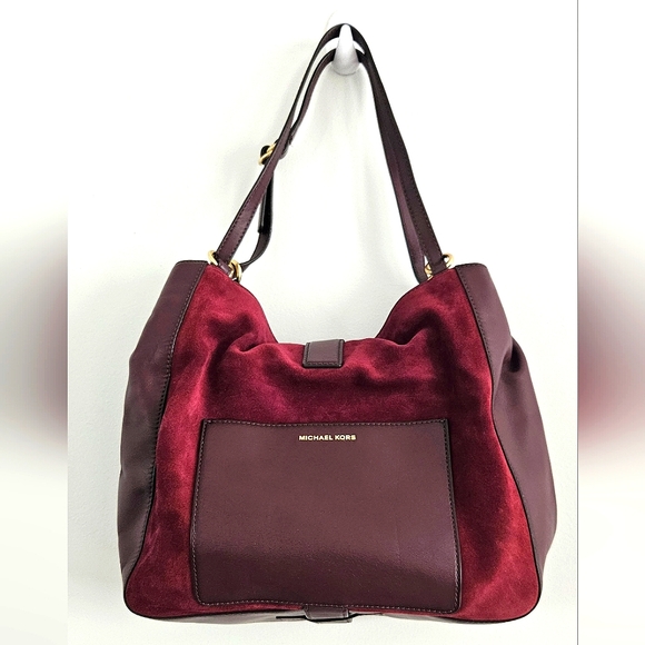 Michael Kors Quincy Large Suede and Leather Shoulder Tote - Maroon - Picture 1 of 16